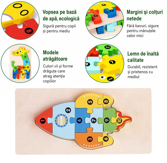 Puzzle din Lemn 3D Montessori, Jucarie Educativa pentru Motricitate Fina si Coordonare, Lemn Solid, Model Racheta, 11 Piese, 0-3 Ani, Multicolor