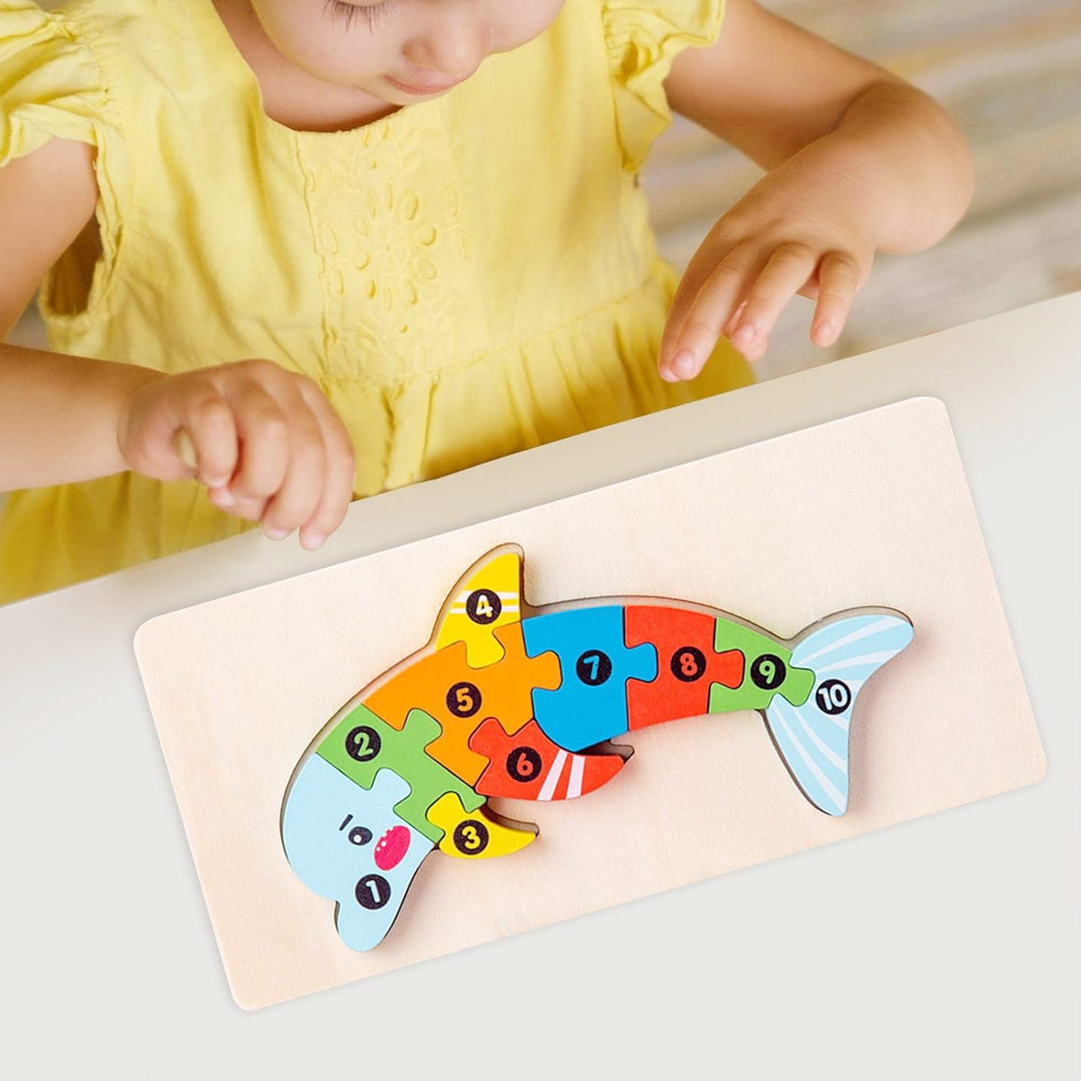 Puzzle din Lemn 3D Montessori, Jucarie Educativa pentru Dezvoltarea Motricitatii, Lemn Natural cu Vopsea Ecologica, 11 Piese, Model Delfin, Multicolor, 0-3 Ani