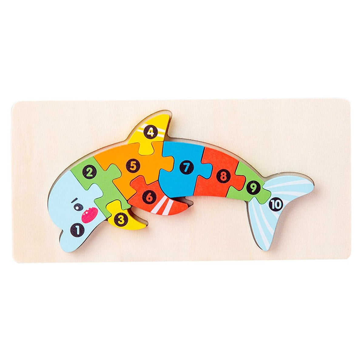 Puzzle din Lemn 3D Montessori, Jucarie Educativa pentru Dezvoltarea Motricitatii, Lemn Natural cu Vopsea Ecologica, 11 Piese, Model Delfin, Multicolor, 0-3 Ani