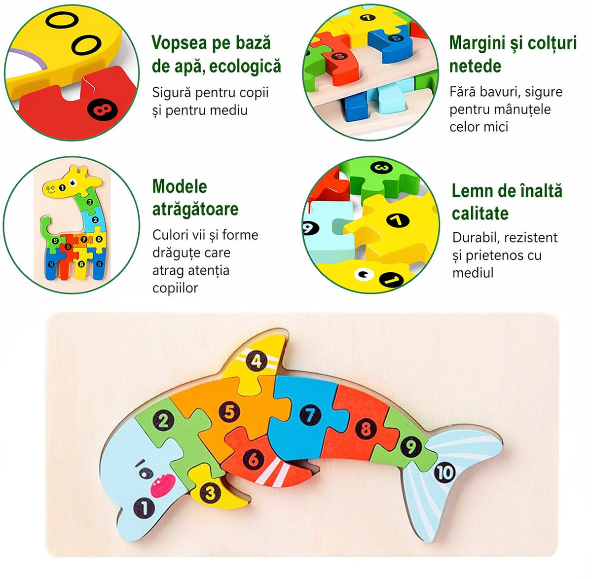 Puzzle din Lemn 3D Montessori, Jucarie Educativa pentru Dezvoltarea Motricitatii, Lemn Natural cu Vopsea Ecologica, 11 Piese, Model Delfin, Multicolor, 0-3 Ani
