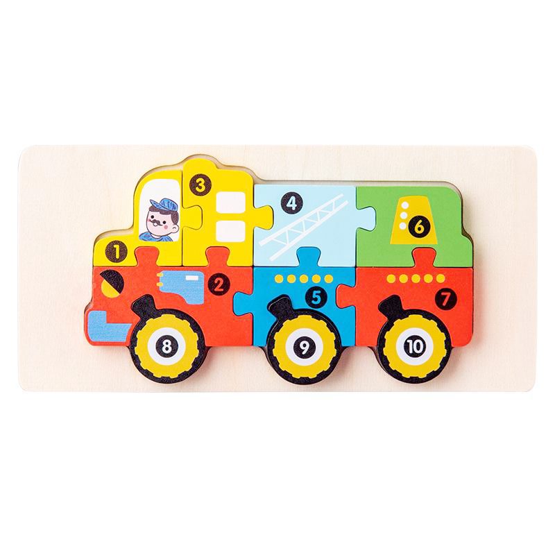 Puzzle din Lemn 3D Montessori, Jucarie Educativa Dezvoltare Motricitate si Logica, Lemn Natural cu Vopsea Ecologica, Model Vehicul Constructii, 11 Piese, 0-3 Ani, Multicolor