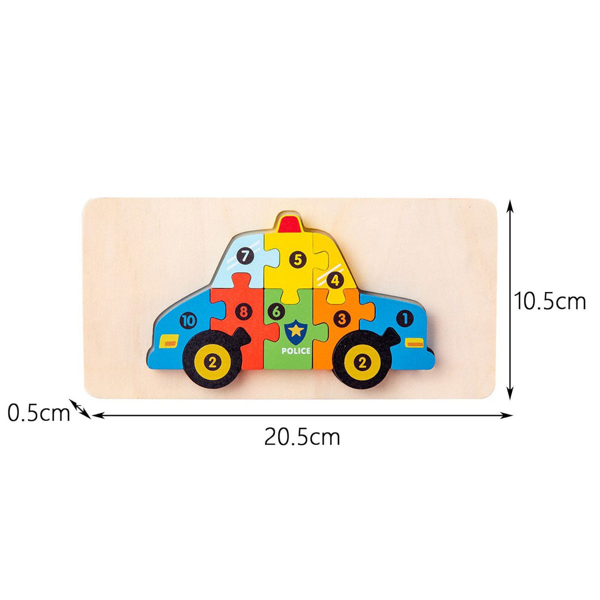 Puzzle din Lemn 3D Montessori, Jucarie Educativa si Senzoriala pentru Dezvoltarea Motricitatii, Model Masina de Politie, Vopsea Ecologica, 11 Piese, 0-3 Ani, Multicolor