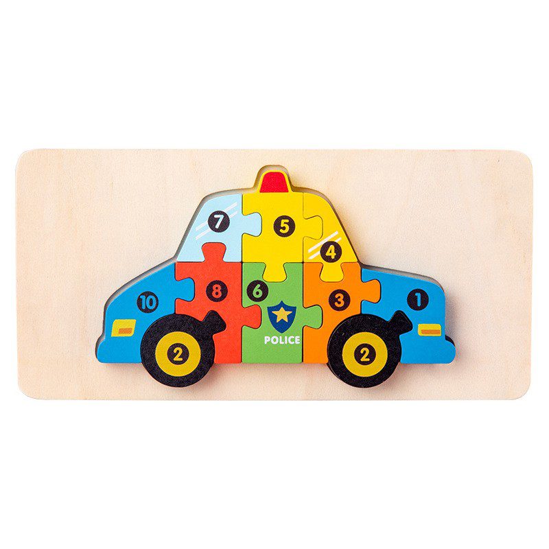 Puzzle din Lemn 3D Montessori, Jucarie Educativa si Senzoriala pentru Dezvoltarea Motricitatii, Model Masina de Politie, Vopsea Ecologica, 11 Piese, 0-3 Ani, Multicolor