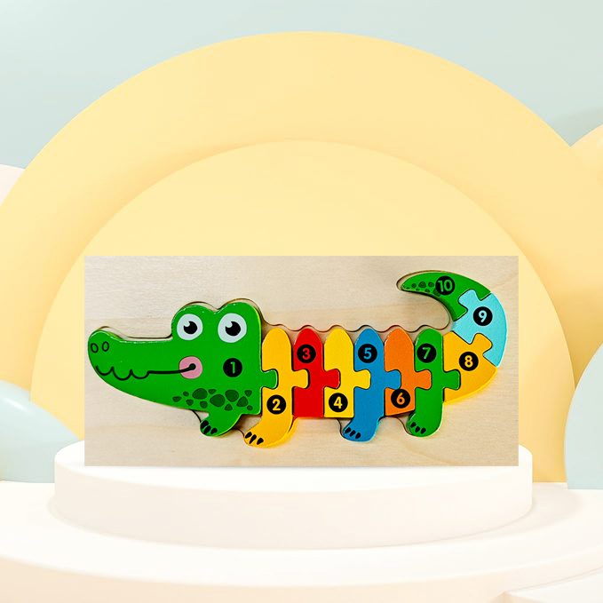 Puzzle din Lemn 3D Montessori, Jucarie Educativa si Interactiva pentru Copii 0-3 Ani, Dezvolta Motricitatea si Logica, Material Ecologic, 11 Piese, Model Crocodil, Multicolor