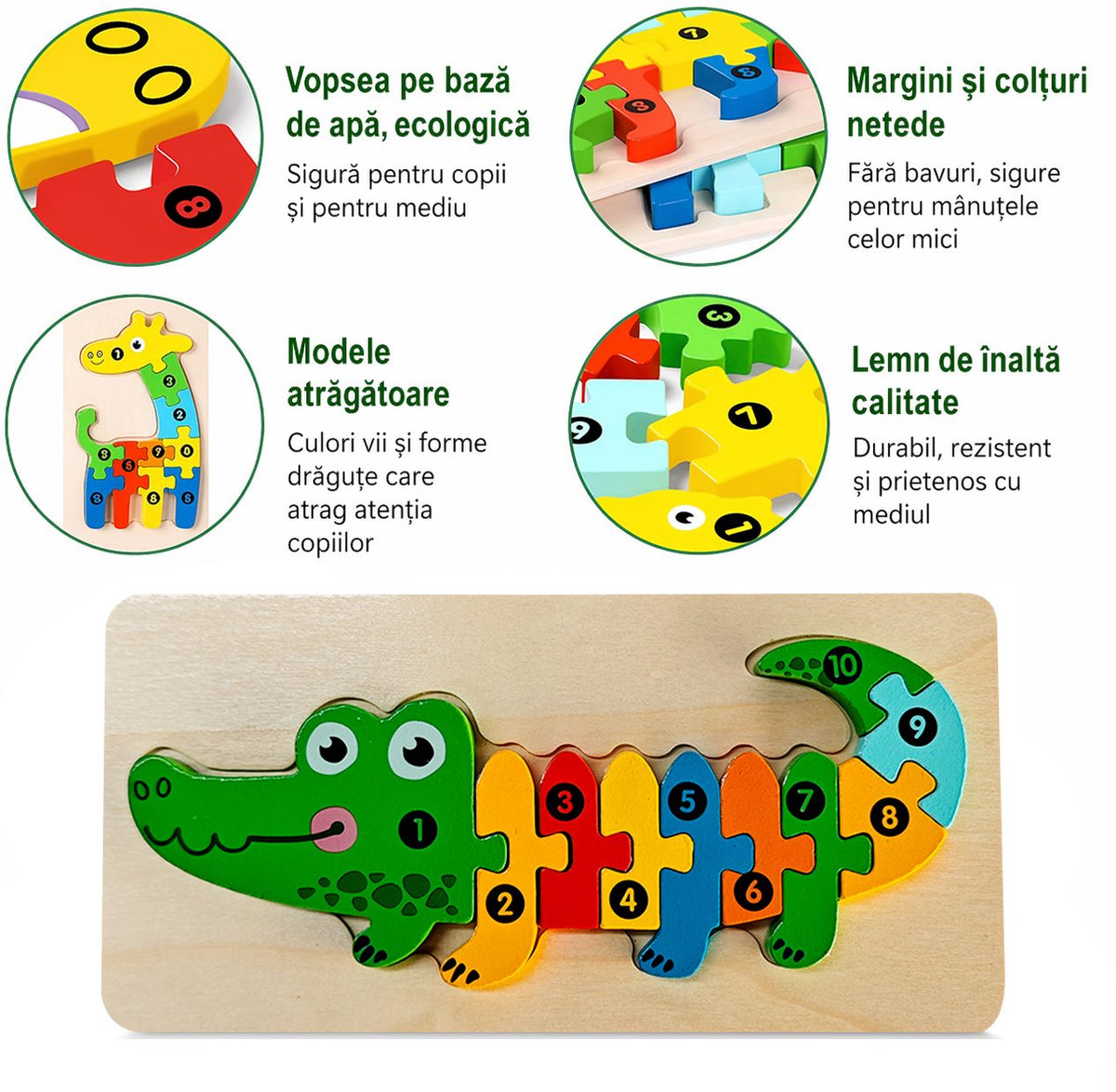 Puzzle din Lemn 3D Montessori, Jucarie Educativa si Interactiva pentru Copii 0-3 Ani, Dezvolta Motricitatea si Logica, Material Ecologic, 11 Piese, Model Crocodil, Multicolor