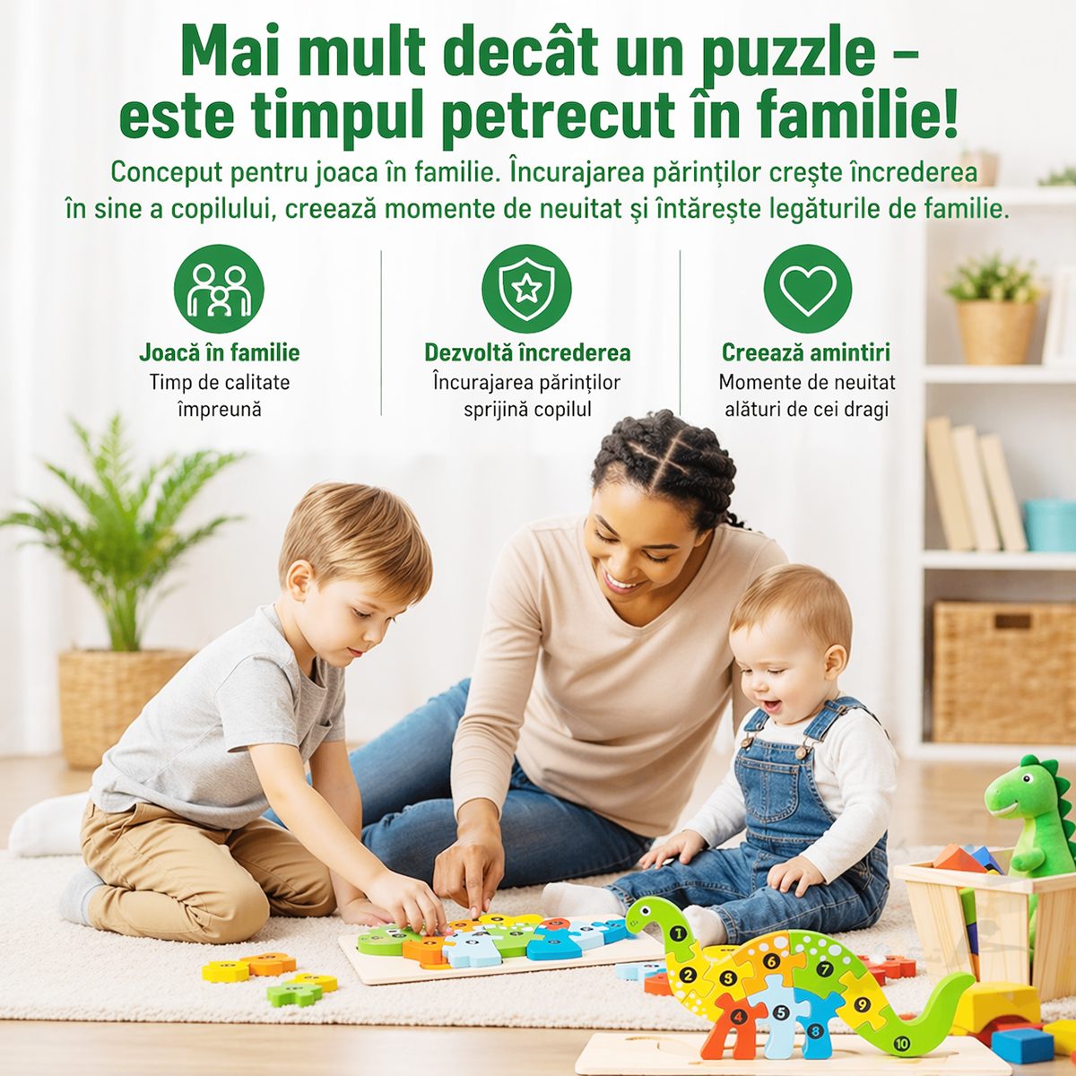 Puzzle din Lemn 3D Montessori, Jucarie Educativa si Interactiva pentru Copii 0-3 Ani, Dezvolta Motricitatea si Logica, Material Ecologic, 11 Piese, Model Crocodil, Multicolor