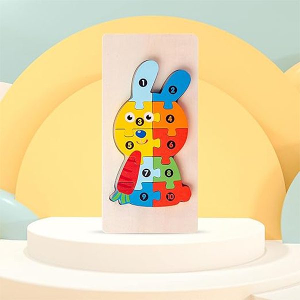 Puzzle din Lemn 3D Montessori, Jucarie Educativa si Interactiva pentru Copii 0-3 Ani, Dezvoltare Motricitate Fina, Vopsea Ecologica, 11 Piese, Model Iepure, Multicolor