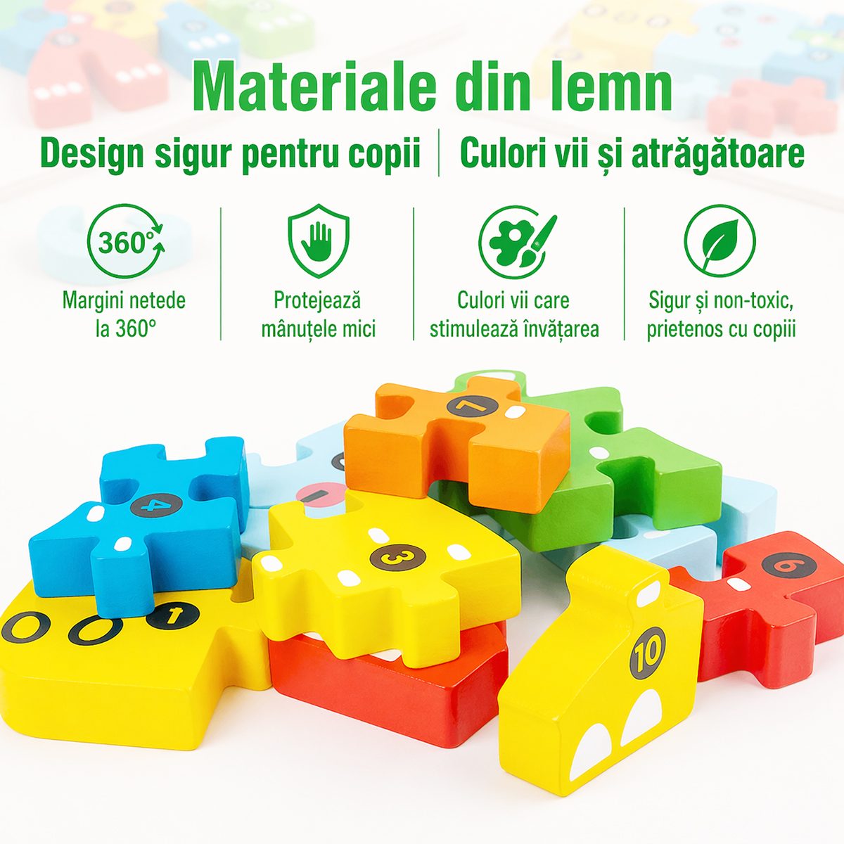 Puzzle din Lemn 3D Montessori, Jucarie Educativa si Interactiva pentru Copii 0-3 Ani, Dezvoltare Motricitate Fina, Vopsea Ecologica, 11 Piese, Model Iepure, Multicolor