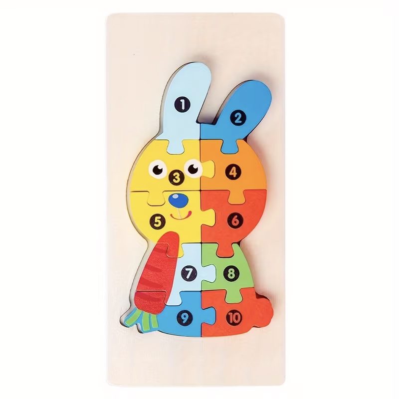 Puzzle din Lemn 3D Montessori, Jucarie Educativa si Interactiva pentru Copii 0-3 Ani, Dezvoltare Motricitate Fina, Vopsea Ecologica, 11 Piese, Model Iepure, Multicolor