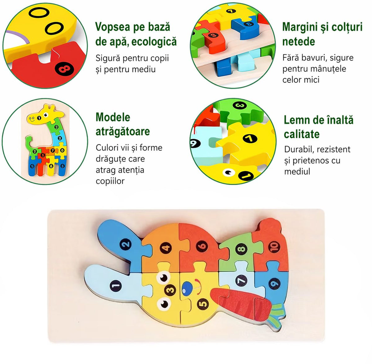 Puzzle din Lemn 3D Montessori, Jucarie Educativa si Interactiva pentru Copii 0-3 Ani, Dezvoltare Motricitate Fina, Vopsea Ecologica, 11 Piese, Model Iepure, Multicolor