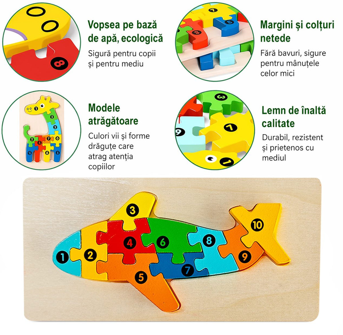Puzzle din Lemn 3D Montessori, Jucarie Educativa Dezvoltare Motricitate Fina si Logica, Material Ecologic, Model Avion, 11 Piese, 0-3 Ani, Multicolor