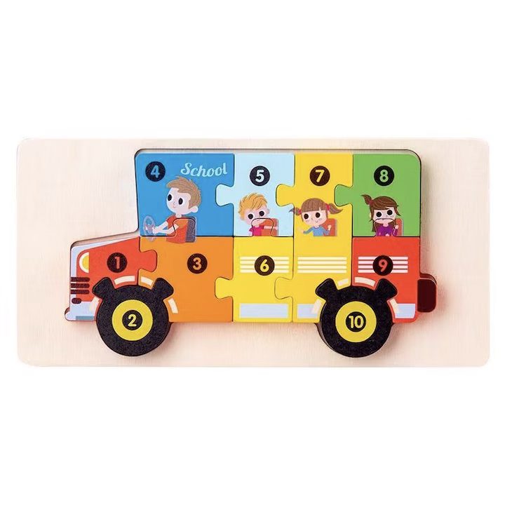 Puzzle din Lemn 3D Montessori, Jucarie Educativa si Interactiva pentru Bebelusi si Copii 0-3 Ani, Dezvolta Motricitatea si Logica, Lemn Natural, 11 Piese, Model Autobuz Scolar, Multicolor