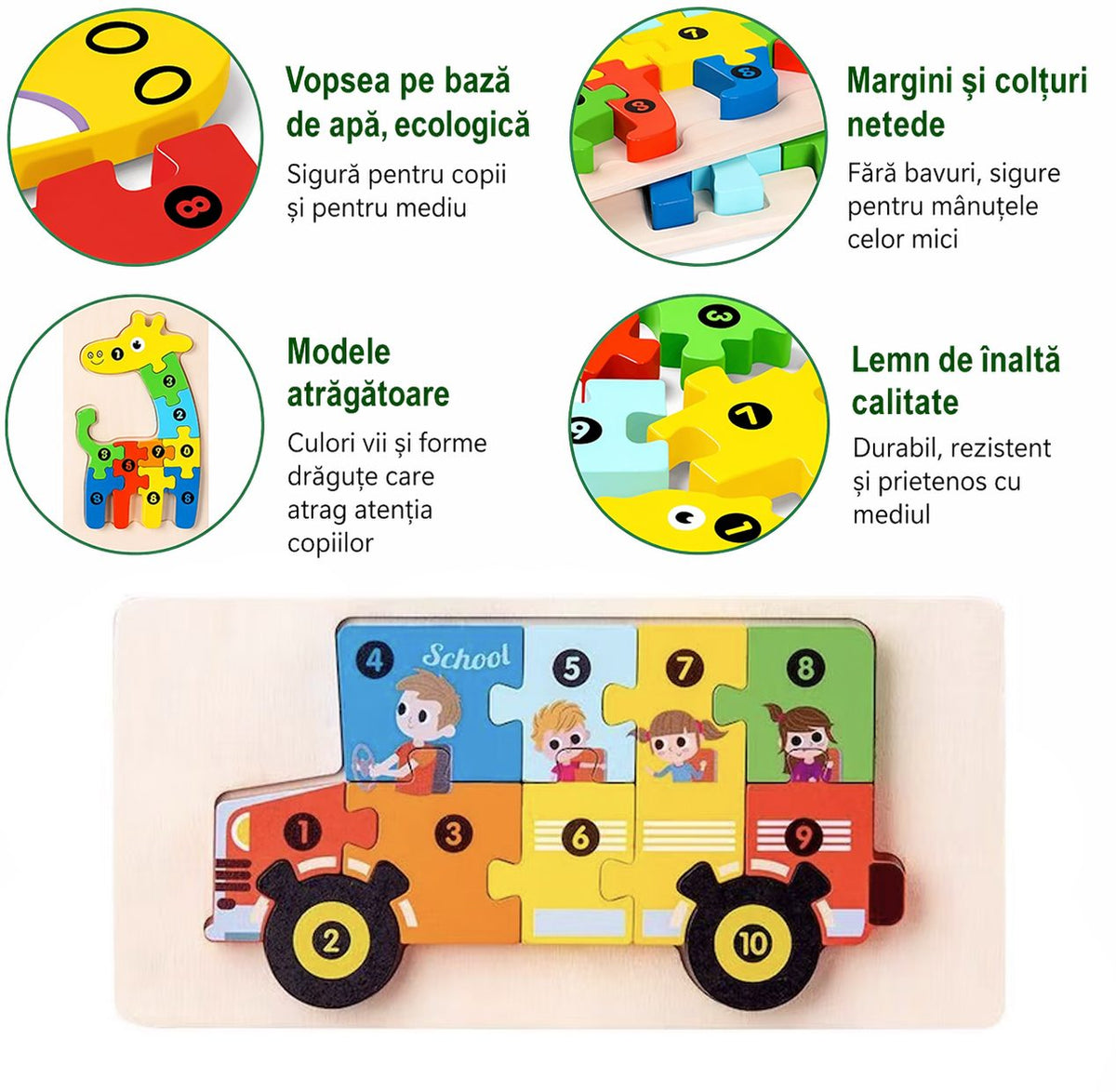 Puzzle din Lemn 3D Montessori, Jucarie Educativa si Interactiva pentru Bebelusi si Copii 0-3 Ani, Dezvolta Motricitatea si Logica, Lemn Natural, 11 Piese, Model Autobuz Scolar, Multicolor
