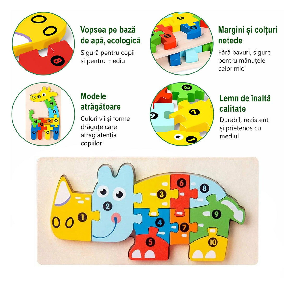 Puzzle Montessori din Lemn 3D, Jucarie Educativa pentru Dezvoltarea Motricitatii, Vopsea Ecologica, Model Rinocer, Multicolor, 11 Piese, 0-3 Ani
