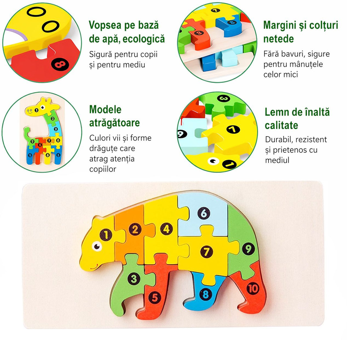 Puzzle din Lemn 3D Montessori, Jucarie Educativa pentru Dezvoltarea Motricitatii, Vopsea Ecologica, 11 Piese, Model Urs, Multicolor