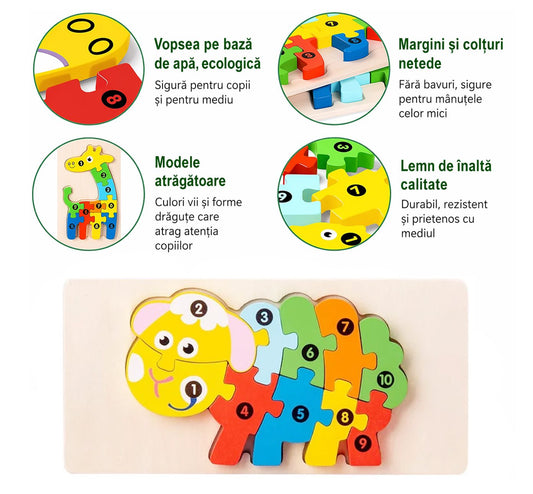 Puzzle din Lemn 3D Montessori, Jucarie Educativa pentru Motricitate Fina si Logica, Vopsea Ecologica, 11 Piese, Model Oaie, Multicolor, 0-3 Ani