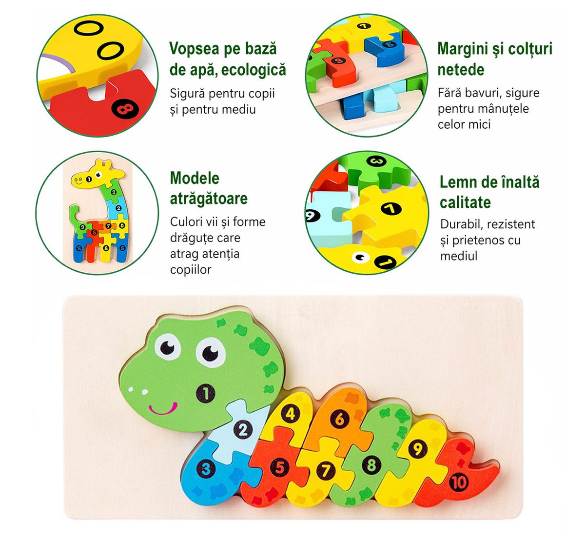 Puzzle din Lemn 3D Montessori, Jucarie Educativa si Senzoriala, Dezvoltare Motricitate Fina, Vopsea Ecologica, 11 Piese, Model Sarpe, Multicolor, 0-3 Ani