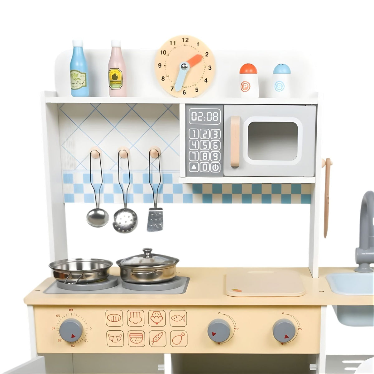Bucatarie din Lemn pentru Copii, Stil Montessori cu Plita si Cuptor, Set Complet cu 12 Accesorii Metalice, Lemn Masiv si MDF, 76.6 x 69 cm, Gri/Alb/Natur