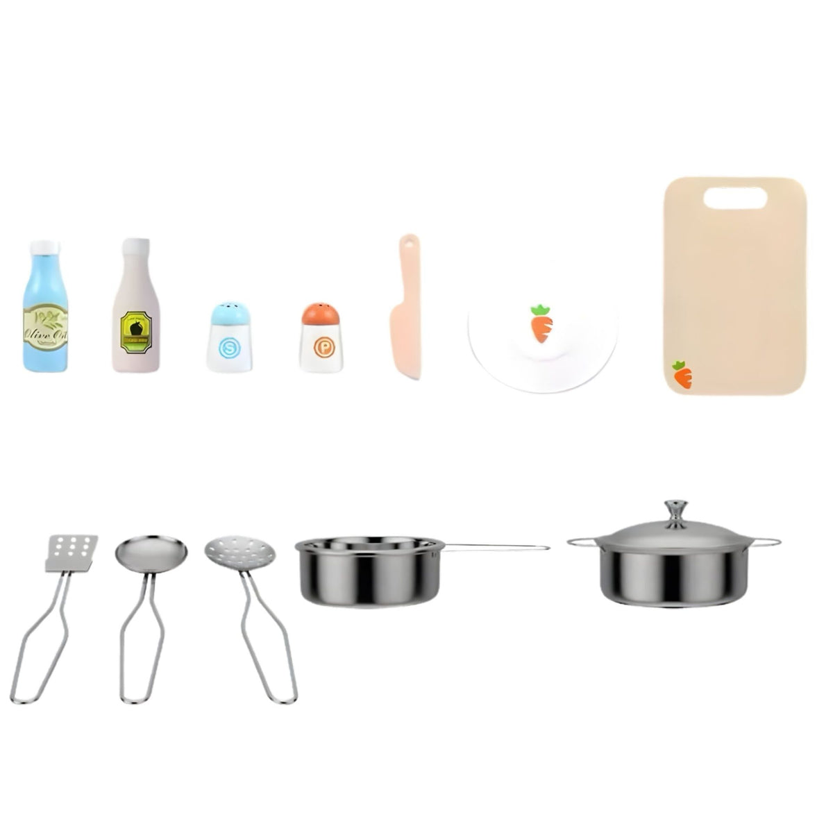 Bucatarie din Lemn pentru Copii, Stil Montessori cu Plita si Cuptor, Set Complet cu 12 Accesorii Metalice, Lemn Masiv si MDF, 76.6 x 69 cm, Gri/Alb/Natur