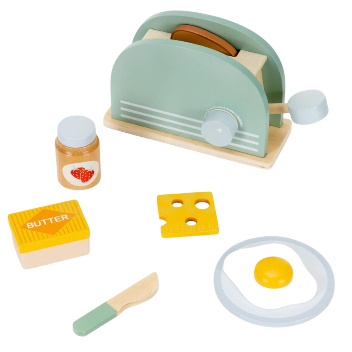 Jucarie Educativa Montessori, Set de Joaca Toaster Interactiv cu Accesorii pentru Micul Dejun, Lemn Natural, 3 Ani+, Multicolor, 10 Piese
