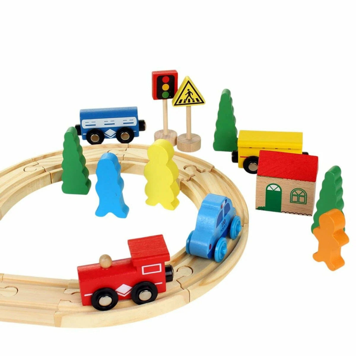 Set Circuit Trenulet din Lemn Oraselul, Trenulet Magnetic si Masini de Interventie, Jucarie Educativa Montessori, 33 Piese, Multicolor, 3 ani+