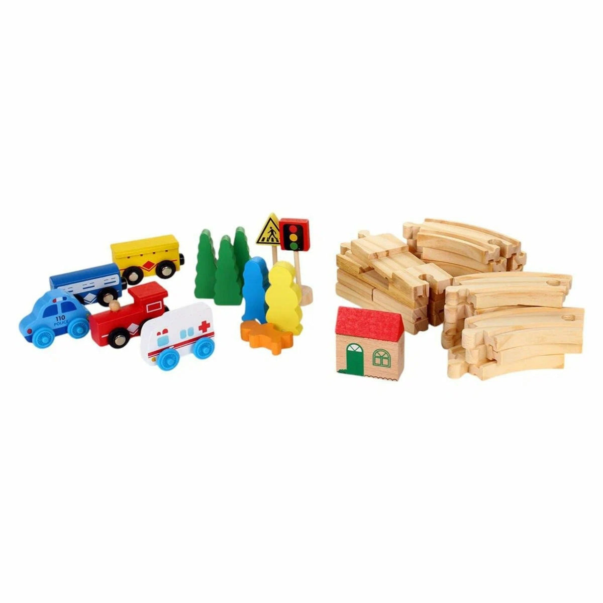 Set Circuit Trenulet din Lemn Oraselul, Trenulet Magnetic si Masini de Interventie, Jucarie Educativa Montessori, 33 Piese, Multicolor, 3 ani+
