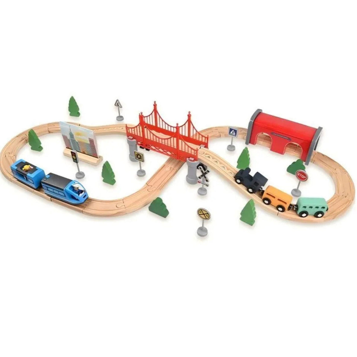 Set Trenulet Electric din Lemn, 52 Piese, Jucarie Educativa Montessori, Tunel High-Speed, Locomotiva de Mare Viteza si Tren Marfa, Lemn Natural si Plastic, 3 ani+, Multicolora