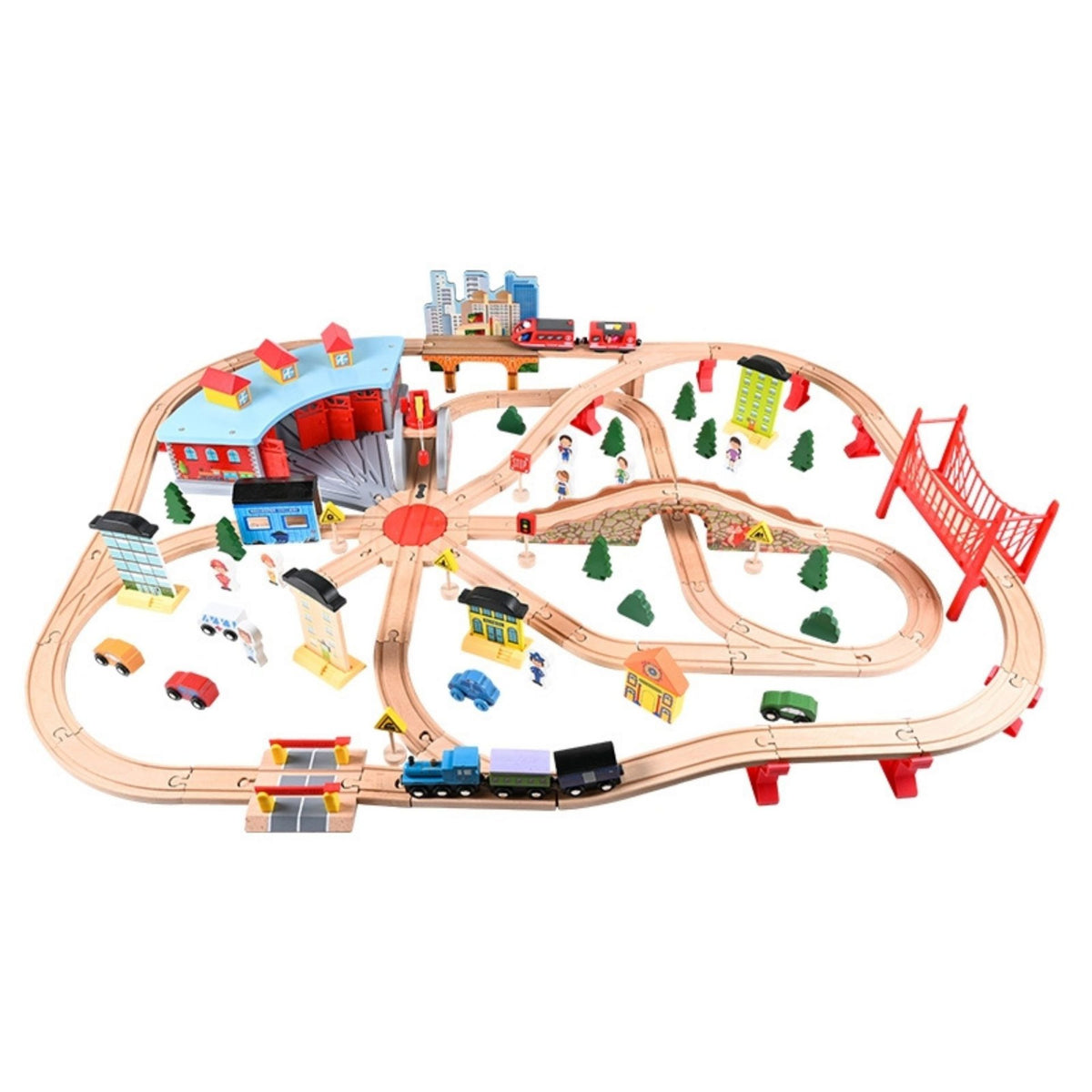Circuit Trenulet din Lemn cu Locomotiva Electrica, Set Educativ Montessori cu Depou si Placa Turnanta, Pod Suspendat, Macarale si Accesorii Oras, Lemn de Fag si Plastic, 118 Piese, 3 ani+, Multicolor