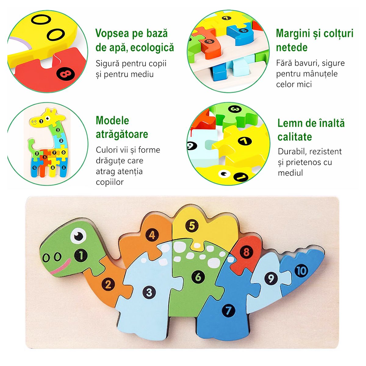 Puzzle din Lemn 3D Montessori, Jucarie Educativa si Interactiva pentru Copii, Dezvoltare Motricitate Fina si Logica, Material Natural, 11 Piese, Model Stegosaurus, 0-3 Ani, Multicolor