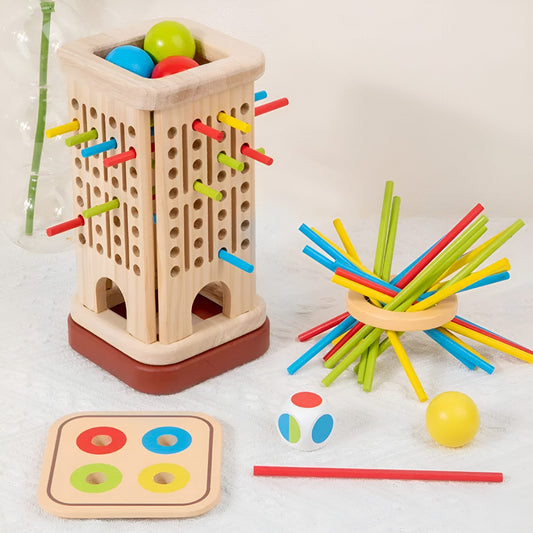 Jucarie Educativa Montessori 3 in 1, Turn KerPlunk cu Betisoare si Bile de Echilibru, Joc Interactiv pentru Dezvoltarea Motricitatii Fine, Lemn Masiv Natural, 3-8 Ani, Multicolor