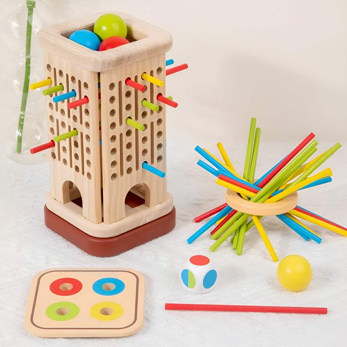 Jucarie Educativa Montessori 3 in 1, Turn KerPlunk cu Betisoare si Bile de Echilibru, Joc Interactiv pentru Dezvoltarea Motricitatii Fine, Lemn Masiv Natural, 3-8 Ani, Multicolor
