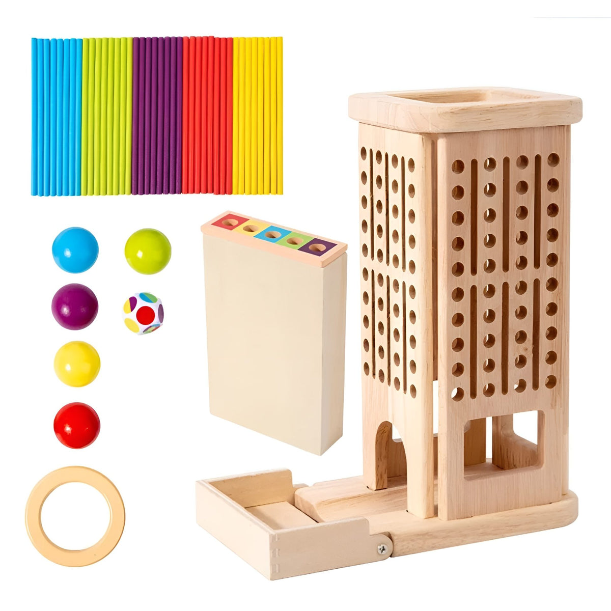 Jucarie Educativa Montessori 3 in 1, Turn KerPlunk cu Betisoare si Bile de Echilibru, Joc Interactiv pentru Dezvoltarea Motricitatii Fine, Lemn Masiv Natural, 3-8 Ani, Multicolor