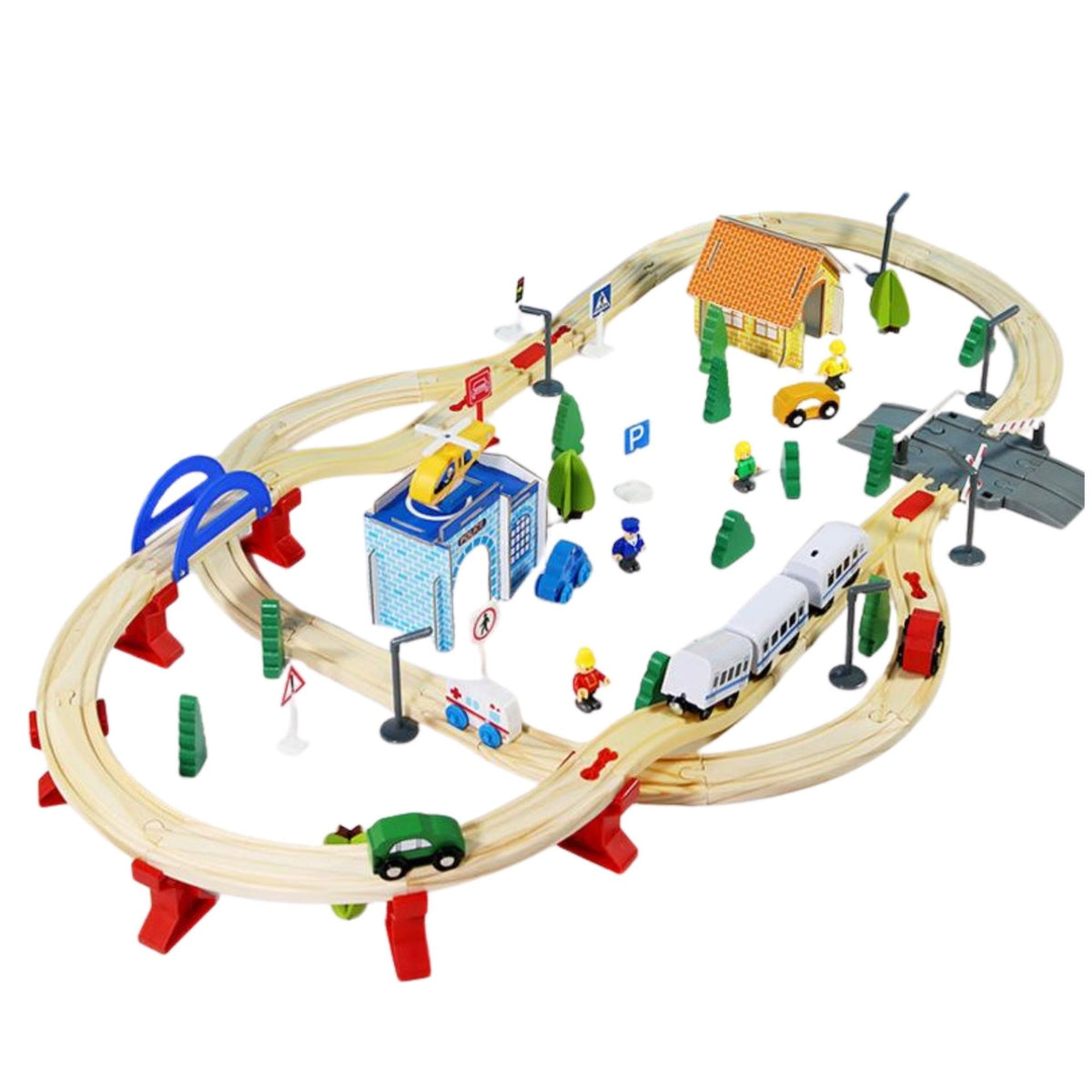 Set Circuit Trenuleț din Lemn cu Locomotivă Electrică, Sistem Feroviar de Oraș cu Secție de Poliție și Heliport, Jucărie Montessori, Lemn Natural, 96 Piese, Multicolor