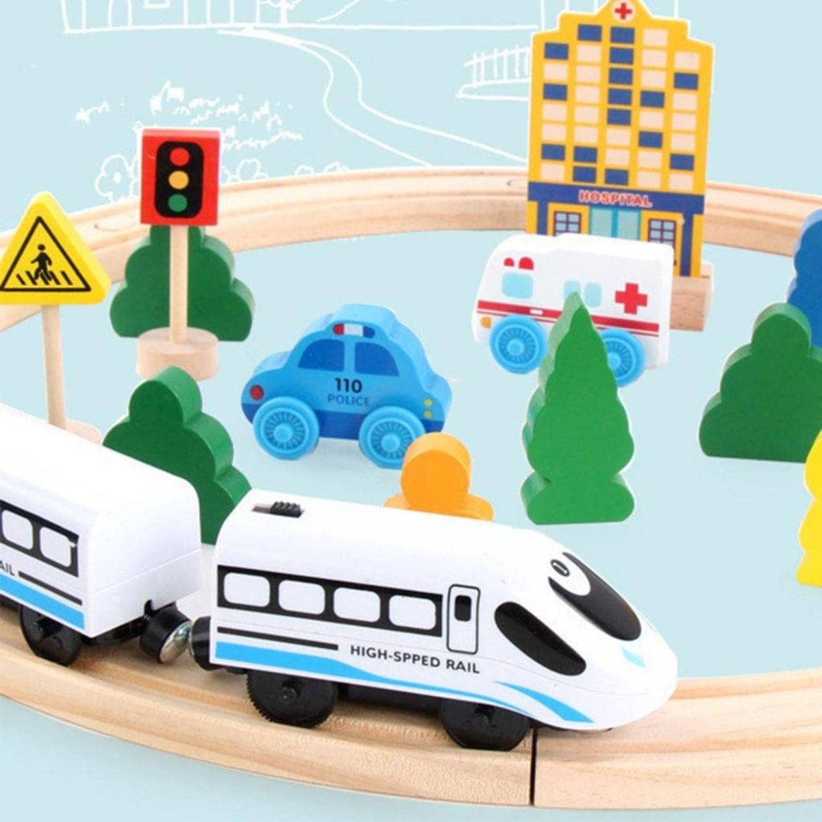 Set Circuit Trenulet din Lemn cu Locomotiva Electrica, Traseu Montessori cu Masini de Interventie, Lemn de Fag si Plastic, 26 Piese, Multicolor