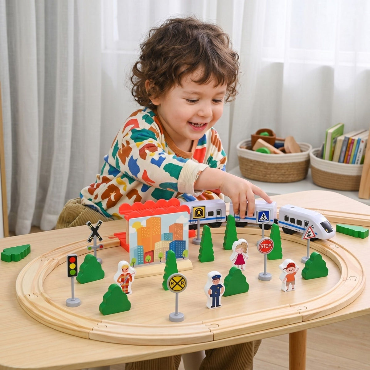 Set Circuit Trenulet din Lemn cu Locomotiva Electrica, Jucarie Educativa Montessori, Accesorii Oras si Figurine Personaje, Lemn Natural si Plastic, 35 Piese, 3 ani+, Multicolor