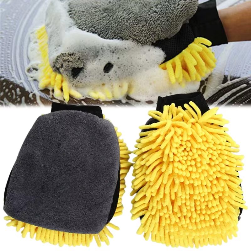 Manusa Spalat Auto 2 in 1 pentru Detailing, Fata Dubla cu Perie si Microfibra Velvet, Impermeabila, Interior si Exterior, Galben/Gri, 22 x 18 cm