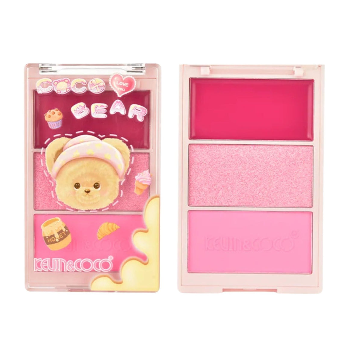 Kevin&Coco Paleta Fard de Obraz, Blush, Iluminator si Contur 3 in 1, Model Coco Bear, Textura Pudra Compacta, Efect Natural si Luminos, Roz, 71.7 g