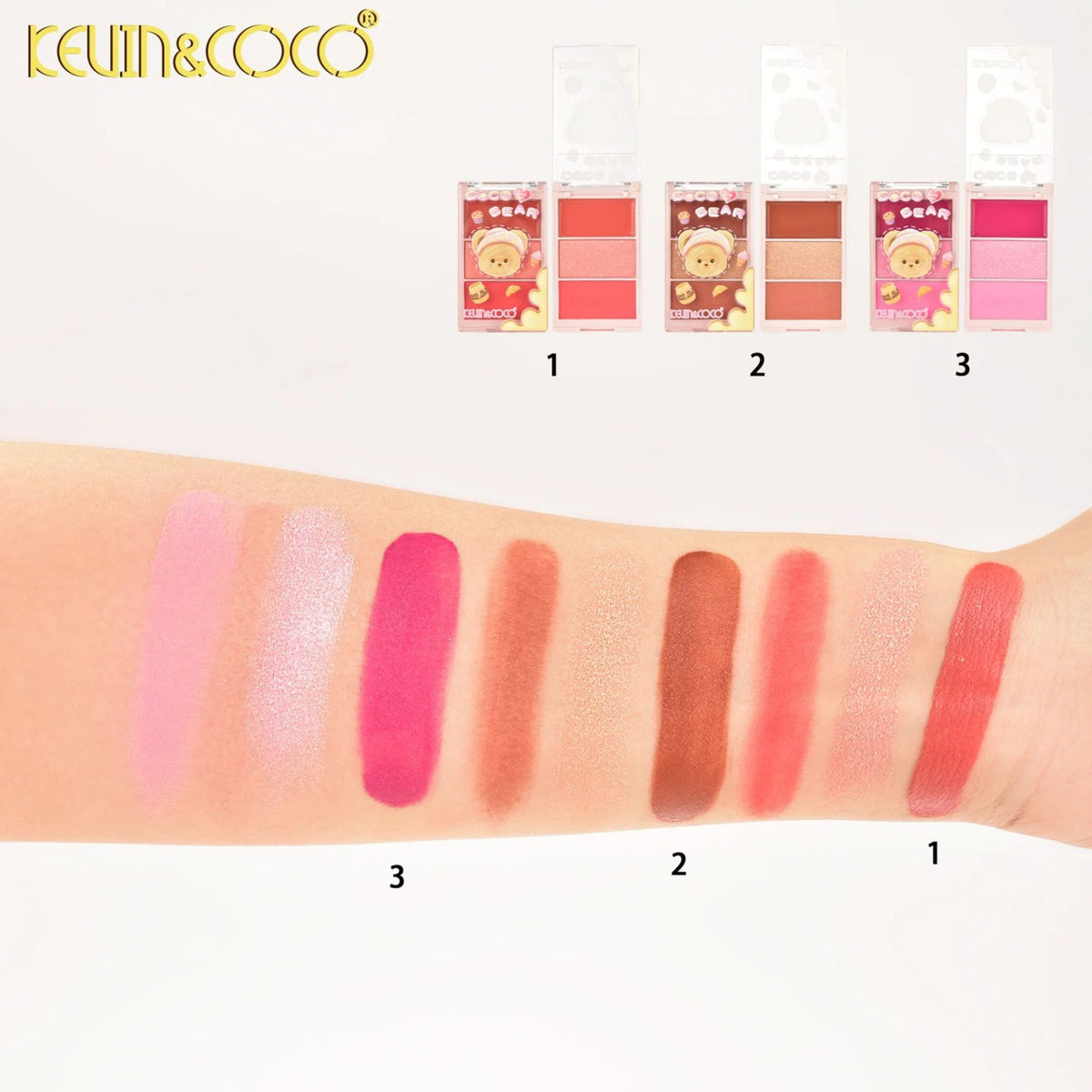 Kevin&Coco Paleta Fard de Obraz, Iluminator si Contur Coco Bear, Textura Pudra Compacta, 3 Nuanțe, 71.7 g, Coral
