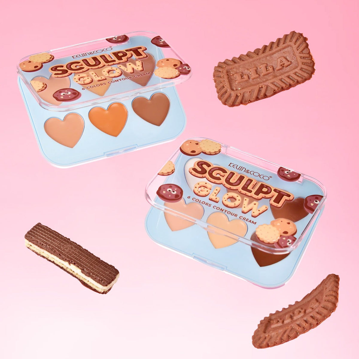 Kevin&Coco, Paleta Machiaj pentru Conturul Fetei, Textura Cremoasa cu Finish Satinat, 6 Nuante, Model 2 Soft Taupe, 72 g