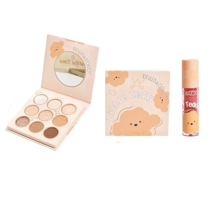 Kevin&Coco, Set de Machiaj cu Paleta 9 Farduri de Pleoape si Lipgloss, Texturi Mate si Sidefate, Model Teddy, Multicolor, 10.2x10.2x1.5 cm