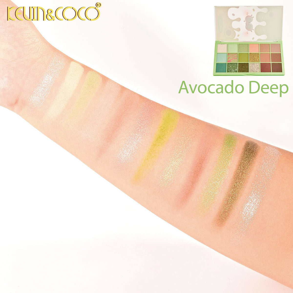 Kevin&Coco, Paleta Farduri de Pleoape Avocado Deep, 18 Nuante Mate si Sidefate, Textura Pudra Compacta, Hipoalergenic, Multicolor, 9.7 x 1.7 x 17.7 cm