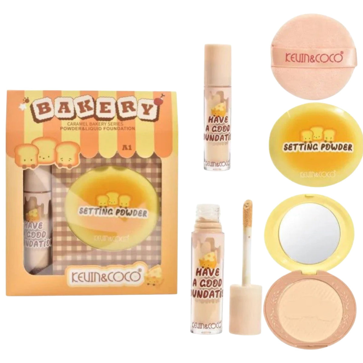 Kevin&Coco Set Machiaj Fata, Pudra Compacta si Anticearcan, Acoperire Uniforma si Matifiere, Fixare de Lunga Durata, 156 g, Galben/Portocaliu