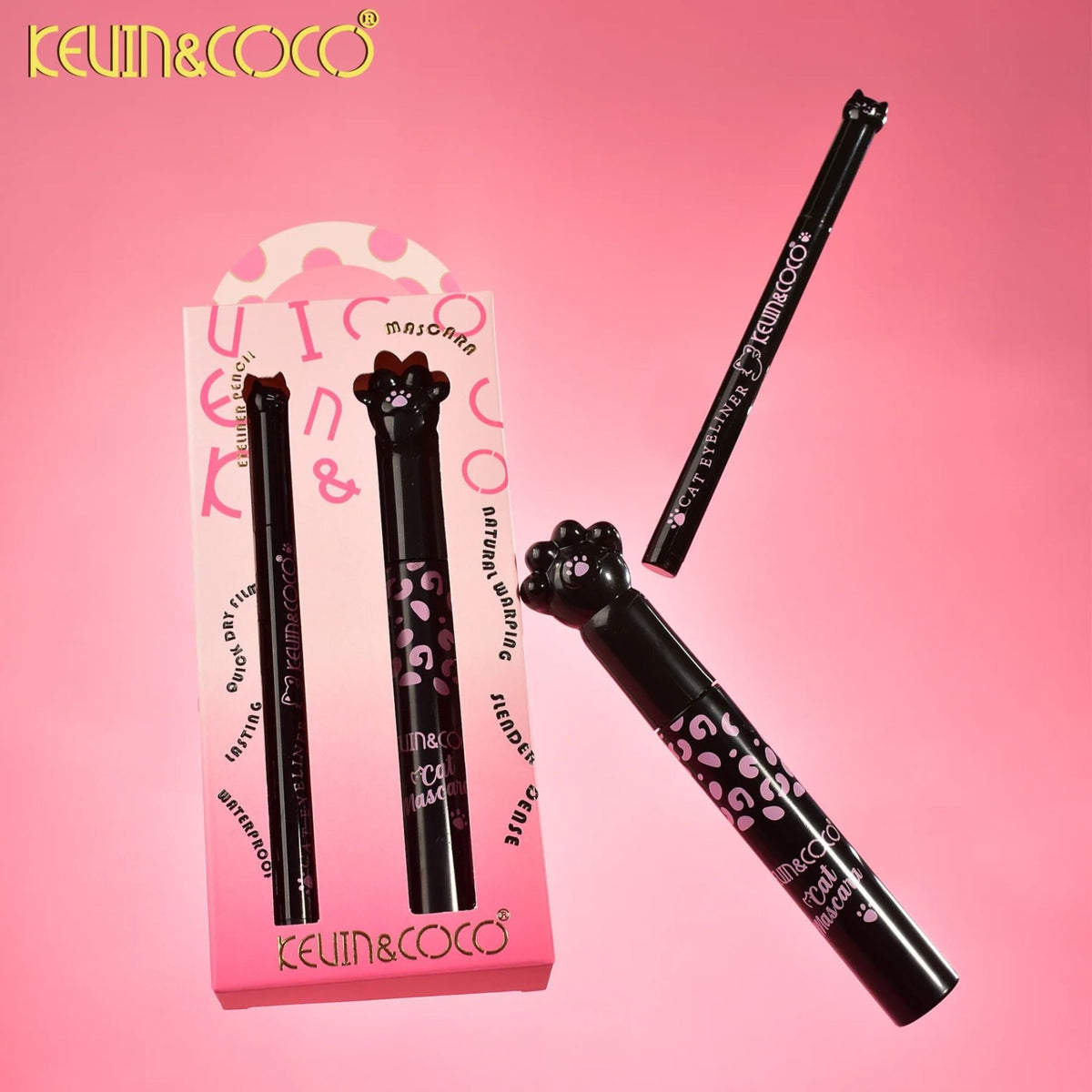Kevin & Coco Set Machiaj Mascara si Tus de Ochi Lichid, Rezistent la Apa, Design Labuta de Pisica, Efect Volum si Alungire, Negru Intens, 10 ml, 2 Piese
