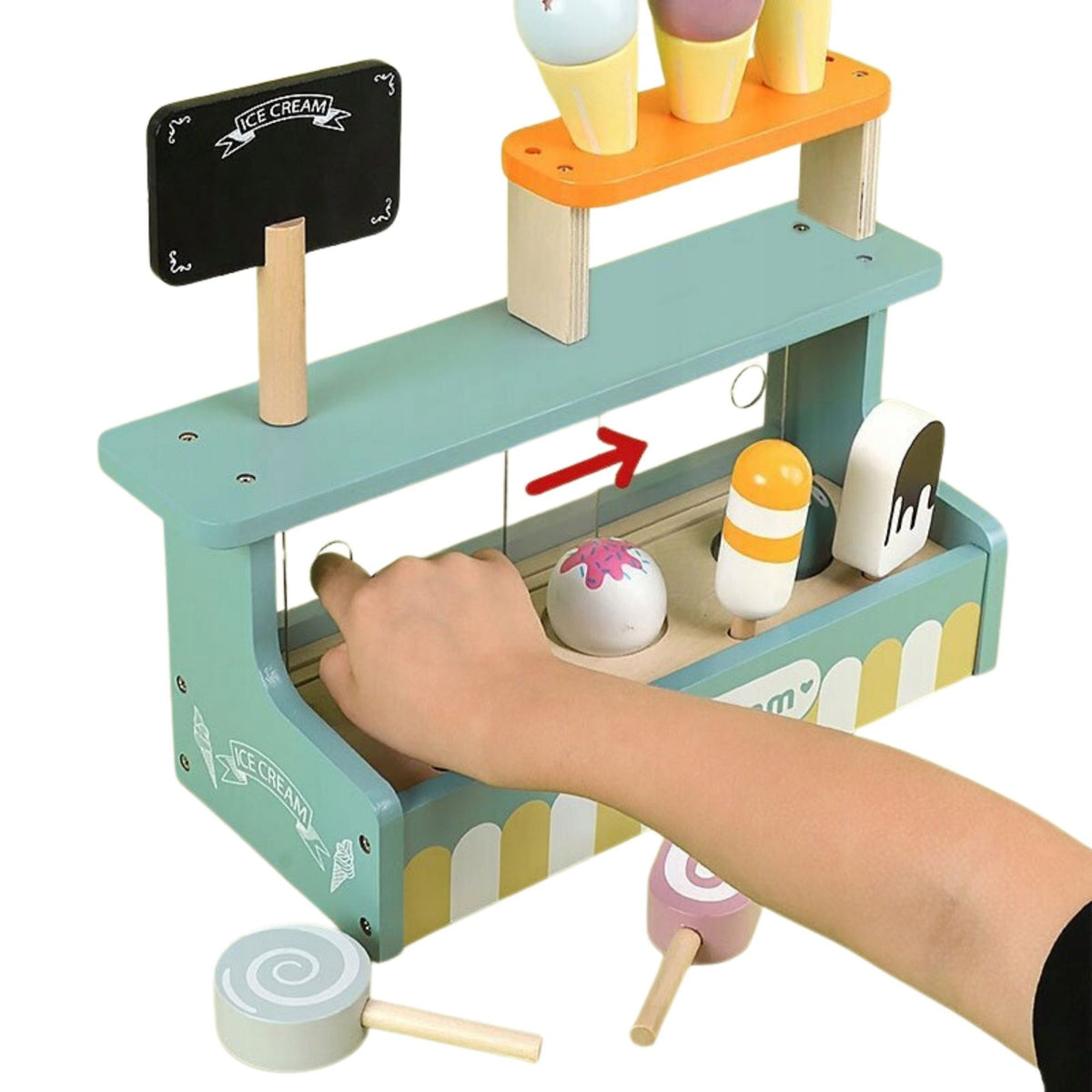 Stand de Inghetata Montessori, Set de Joaca Educativ cu Elemente Magnetice si Joc de Rol, Lemn Natural, Vitrina Glisanta si Mini-Tabla, 3 ani+, Multicolor