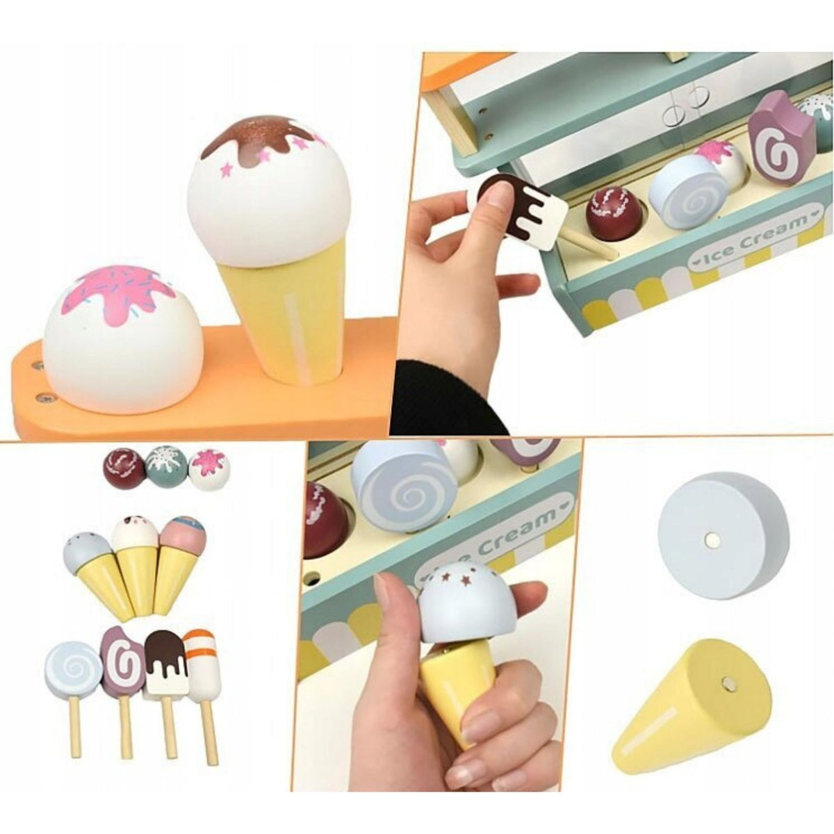Stand de Inghetata Montessori, Set de Joaca Educativ cu Elemente Magnetice si Joc de Rol, Lemn Natural, Vitrina Glisanta si Mini-Tabla, 3 ani+, Multicolor