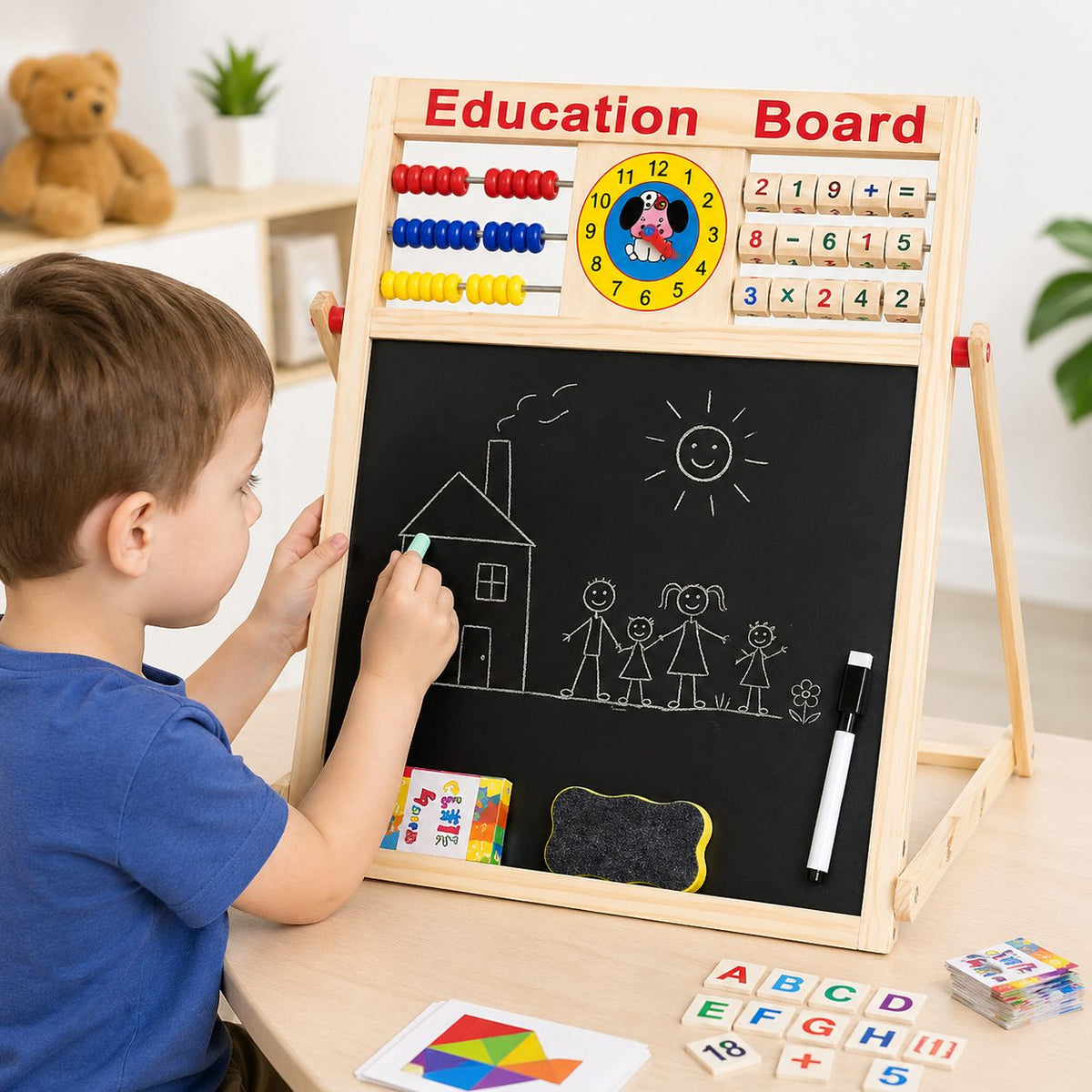 Tabla Educativa Magnetica cu 2 Fete, Reglabil pe Inaltime, Dotata cu Abac si Ceas, Include Litere si Cifre, Cadru din Lemn Natur, 52x36 cm