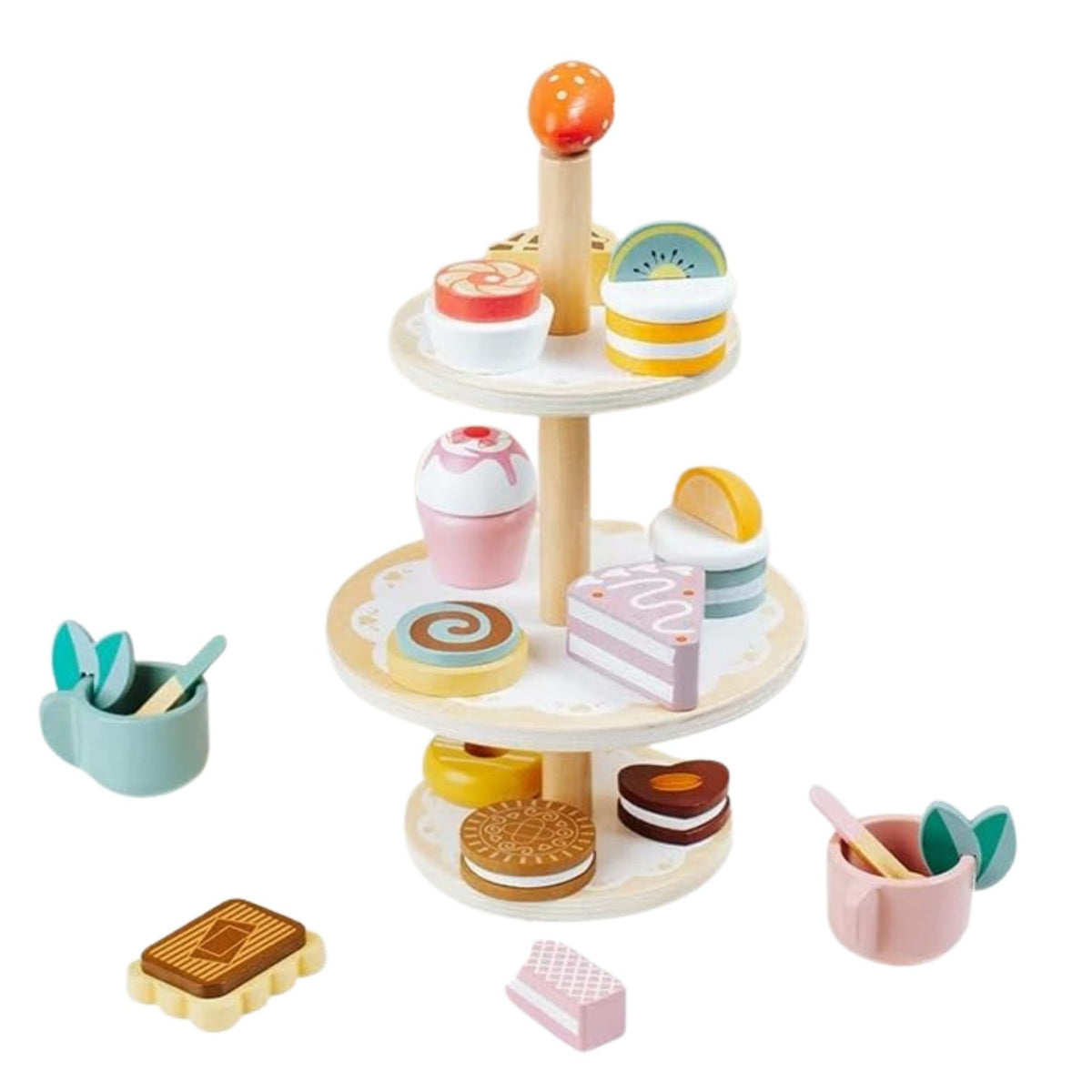 Jucarie Educativa Montessori, Etajera cu 3 Niveluri pentru Deserturi si Prajituri, Set de Joaca Interactiv cu 15 Accesorii, Lemn Natural, 3 Ani+, Multicolor