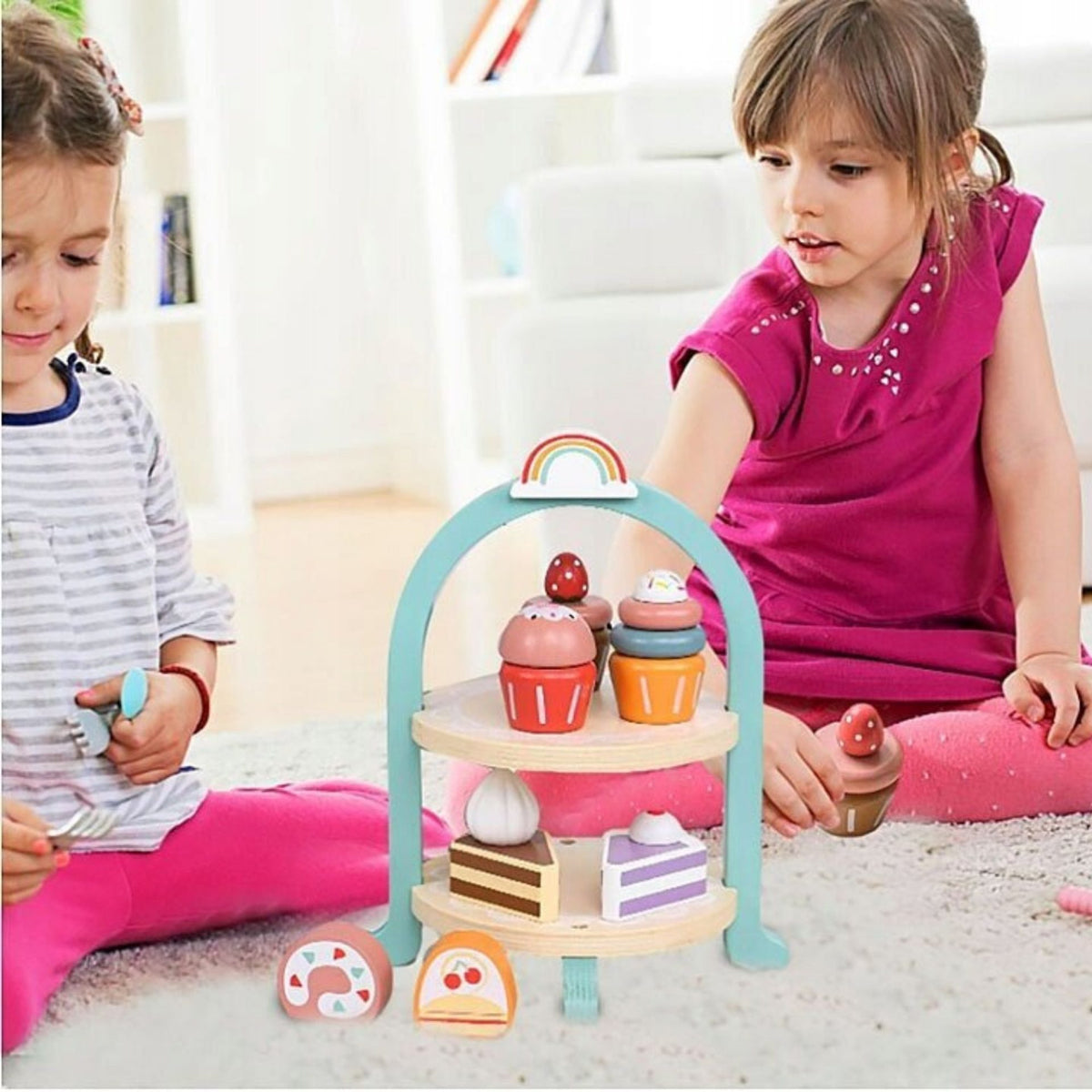 Jucarie Educativa Montessori, Set Royal Afternoon Tea cu Etajera 2 Niveluri si Prajituri, Lemn Natural, 3 Ani+, Multicolor, 8 Piese