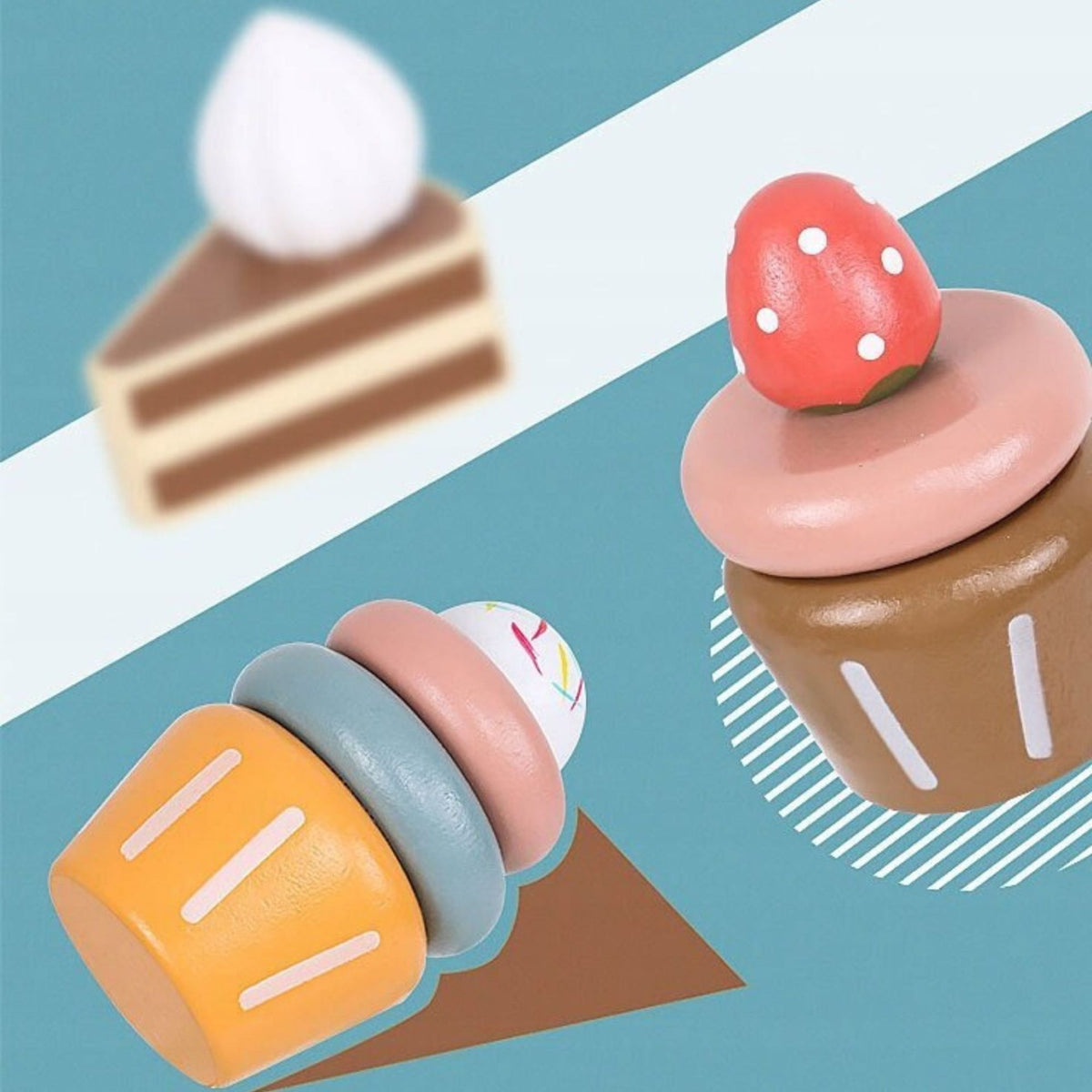Jucarie Educativa Montessori, Set Royal Afternoon Tea cu Etajera 2 Niveluri si Prajituri, Lemn Natural, 3 Ani+, Multicolor, 8 Piese