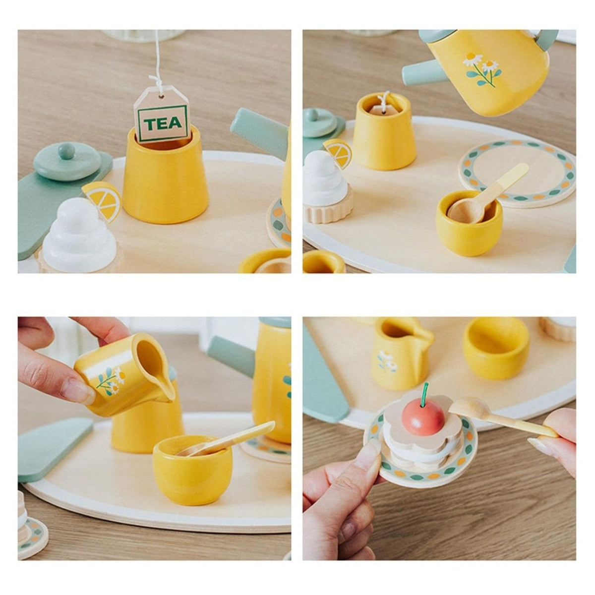 Set de Ceai Royal Tea Daisy, Jucarie Educativa Montessori din Lemn cu Prajituri si Accesorii, Joc de Rol Interactiv pentru Copii, Multicolor, 12 Piese, 3 Ani+
